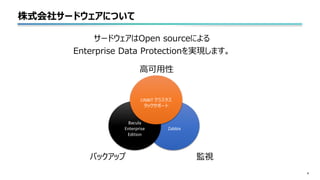株式会社サードウェアについて
4
サードウェアはOpen sourceによる
Enterprise Data Protectionを実現します。
Zabbix
Bacula
Enterprise
Edition
LINBIT クラスタス
タックサポート
高可用性
監視バックアップ
 