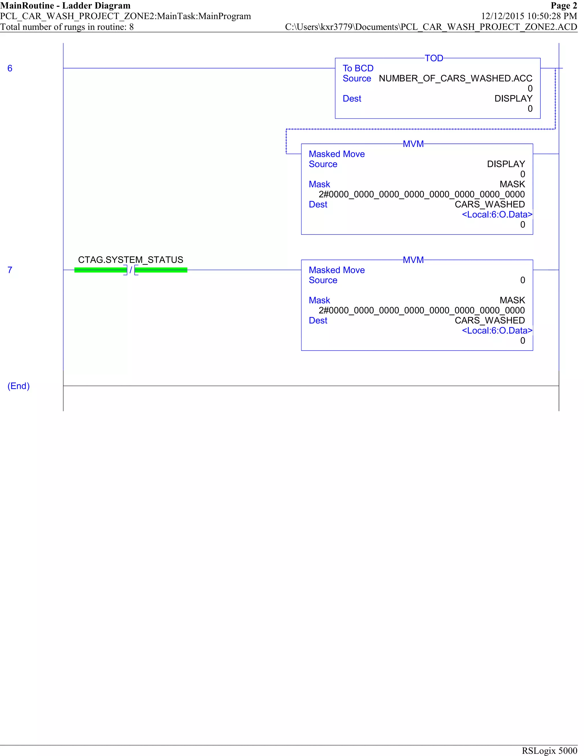 MainRoutine - Ladder Diagram Page 2
PCL_CAR_WASH_PROJECT_ZONE2:MainTask:MainProgram 12/12/2015 10:50:28 PM
Total number of rungs in routine: 8 C:Userskxr3779DocumentsPCL_CAR_WASH_PROJECT_ZONE2.ACD
RSLogix 5000
6 To BCD
Source NUMBER_OF_CARS_WASHED.ACC
0
Dest DISPLAY
0
TOD
Masked Move
Source DISPLAY
0
Mask MASK
2#0000_0000_0000_0000_0000_0000_0000_0000
Dest CARS_WASHED
<Local:6:O.Data>
0
MVM
7 /
CTAG.SYSTEM_STATUS
Masked Move
Source 0
Mask MASK
2#0000_0000_0000_0000_0000_0000_0000_0000
Dest CARS_WASHED
<Local:6:O.Data>
0
MVM
(End)
 