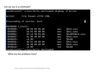 Can we use it as shellcode?
What are the problems here?
http://opensecuritytraining.info/Exploits1.html
 