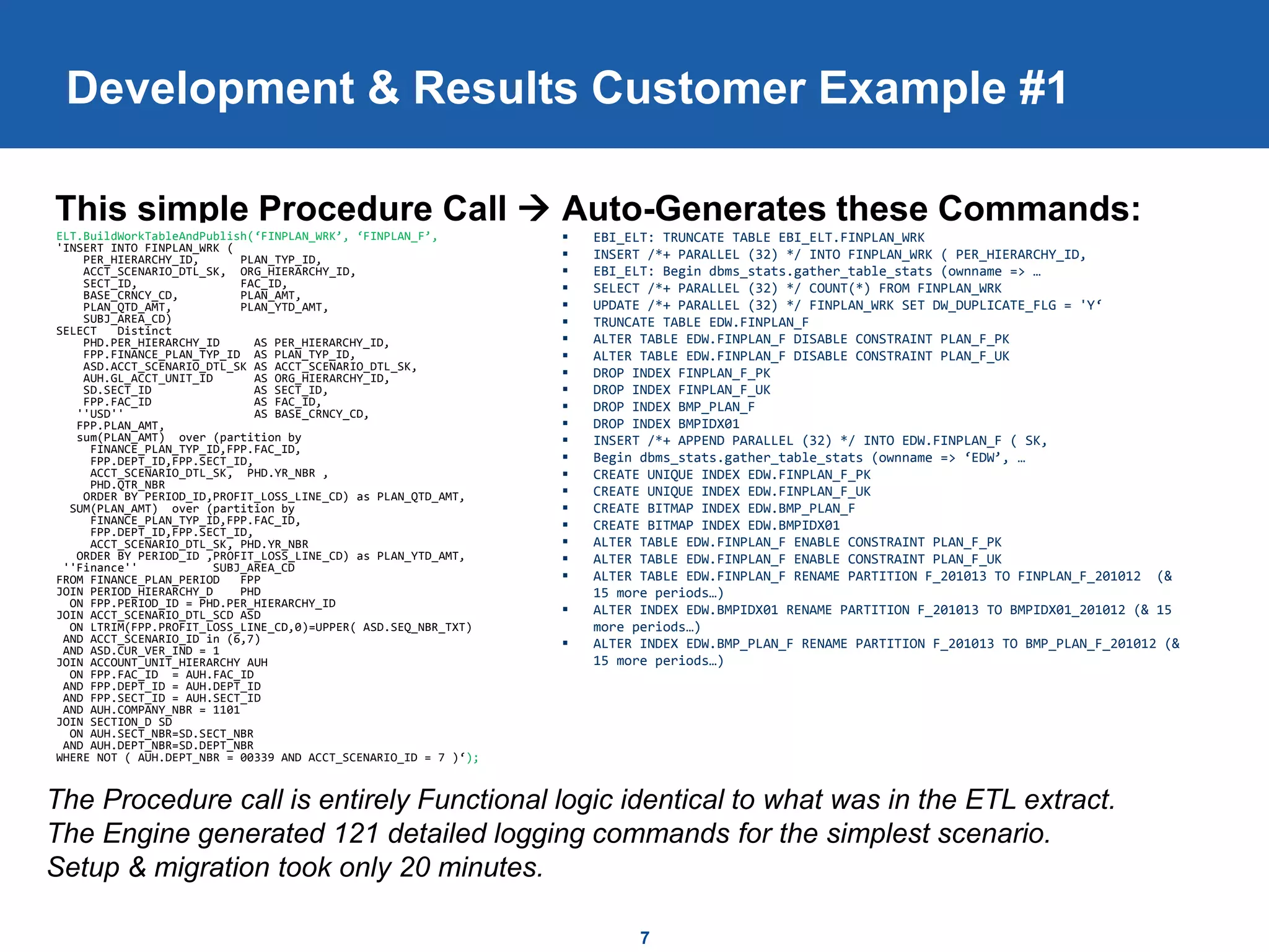 This simple Procedure Call  Auto-Generates these Commands:
 EBI_ELT: TRUNCATE TABLE EBI_ELT.FINPLAN_WRK
 INSERT /*+ PARALLEL (32) */ INTO FINPLAN_WRK ( PER_HIERARCHY_ID,
 EBI_ELT: Begin dbms_stats.gather_table_stats (ownname => …
 SELECT /*+ PARALLEL (32) */ COUNT(*) FROM FINPLAN_WRK
 UPDATE /*+ PARALLEL (32) */ FINPLAN_WRK SET DW_DUPLICATE_FLG = 'Y‘
 TRUNCATE TABLE EDW.FINPLAN_F
 ALTER TABLE EDW.FINPLAN_F DISABLE CONSTRAINT PLAN_F_PK
 ALTER TABLE EDW.FINPLAN_F DISABLE CONSTRAINT PLAN_F_UK
 DROP INDEX FINPLAN_F_PK
 DROP INDEX FINPLAN_F_UK
 DROP INDEX BMP_PLAN_F
 DROP INDEX BMPIDX01
 INSERT /*+ APPEND PARALLEL (32) */ INTO EDW.FINPLAN_F ( SK,
 Begin dbms_stats.gather_table_stats (ownname => ‘EDW’, …
 CREATE UNIQUE INDEX EDW.FINPLAN_F_PK
 CREATE UNIQUE INDEX EDW.FINPLAN_F_UK
 CREATE BITMAP INDEX EDW.BMP_PLAN_F
 CREATE BITMAP INDEX EDW.BMPIDX01
 ALTER TABLE EDW.FINPLAN_F ENABLE CONSTRAINT PLAN_F_PK
 ALTER TABLE EDW.FINPLAN_F ENABLE CONSTRAINT PLAN_F_UK
 ALTER TABLE EDW.FINPLAN_F RENAME PARTITION F_201013 TO FINPLAN_F_201012 (&
15 more periods…)
 ALTER INDEX EDW.BMPIDX01 RENAME PARTITION F_201013 TO BMPIDX01_201012 (& 15
more periods…)
 ALTER INDEX EDW.BMP_PLAN_F RENAME PARTITION F_201013 TO BMP_PLAN_F_201012 (&
15 more periods…)
7
Development & Results Customer Example #1
ELT.BuildWorkTableAndPublish(‘FINPLAN_WRK’, ‘FINPLAN_F’,
'INSERT INTO FINPLAN_WRK (
PER_HIERARCHY_ID, PLAN_TYP_ID,
ACCT_SCENARIO_DTL_SK, ORG_HIERARCHY_ID,
SECT_ID, FAC_ID,
BASE_CRNCY_CD, PLAN_AMT,
PLAN_QTD_AMT, PLAN_YTD_AMT,
SUBJ_AREA_CD)
SELECT Distinct
PHD.PER_HIERARCHY_ID AS PER_HIERARCHY_ID,
FPP.FINANCE_PLAN_TYP_ID AS PLAN_TYP_ID,
ASD.ACCT_SCENARIO_DTL_SK AS ACCT_SCENARIO_DTL_SK,
AUH.GL_ACCT_UNIT_ID AS ORG_HIERARCHY_ID,
SD.SECT_ID AS SECT_ID,
FPP.FAC_ID AS FAC_ID,
''USD'' AS BASE_CRNCY_CD,
FPP.PLAN_AMT,
sum(PLAN_AMT) over (partition by
FINANCE_PLAN_TYP_ID,FPP.FAC_ID,
FPP.DEPT_ID,FPP.SECT_ID,
ACCT_SCENARIO_DTL_SK, PHD.YR_NBR ,
PHD.QTR_NBR
ORDER BY PERIOD_ID,PROFIT_LOSS_LINE_CD) as PLAN_QTD_AMT,
SUM(PLAN_AMT) over (partition by
FINANCE_PLAN_TYP_ID,FPP.FAC_ID,
FPP.DEPT_ID,FPP.SECT_ID,
ACCT_SCENARIO_DTL_SK, PHD.YR_NBR
ORDER BY PERIOD_ID ,PROFIT_LOSS_LINE_CD) as PLAN_YTD_AMT,
''Finance'' SUBJ_AREA_CD
FROM FINANCE_PLAN_PERIOD FPP
JOIN PERIOD_HIERARCHY_D PHD
ON FPP.PERIOD_ID = PHD.PER_HIERARCHY_ID
JOIN ACCT_SCENARIO_DTL_SCD ASD
ON LTRIM(FPP.PROFIT_LOSS_LINE_CD,0)=UPPER( ASD.SEQ_NBR_TXT)
AND ACCT_SCENARIO_ID in (6,7)
AND ASD.CUR_VER_IND = 1
JOIN ACCOUNT_UNIT_HIERARCHY AUH
ON FPP.FAC_ID = AUH.FAC_ID
AND FPP.DEPT_ID = AUH.DEPT_ID
AND FPP.SECT_ID = AUH.SECT_ID
AND AUH.COMPANY_NBR = 1101
JOIN SECTION_D SD
ON AUH.SECT_NBR=SD.SECT_NBR
AND AUH.DEPT_NBR=SD.DEPT_NBR
WHERE NOT ( AUH.DEPT_NBR = 00339 AND ACCT_SCENARIO_ID = 7 )‘);
The Procedure call is entirely Functional logic identical to what was in the ETL extract.
The Engine generated 121 detailed logging commands for the simplest scenario.
Setup & migration took only 20 minutes.
 