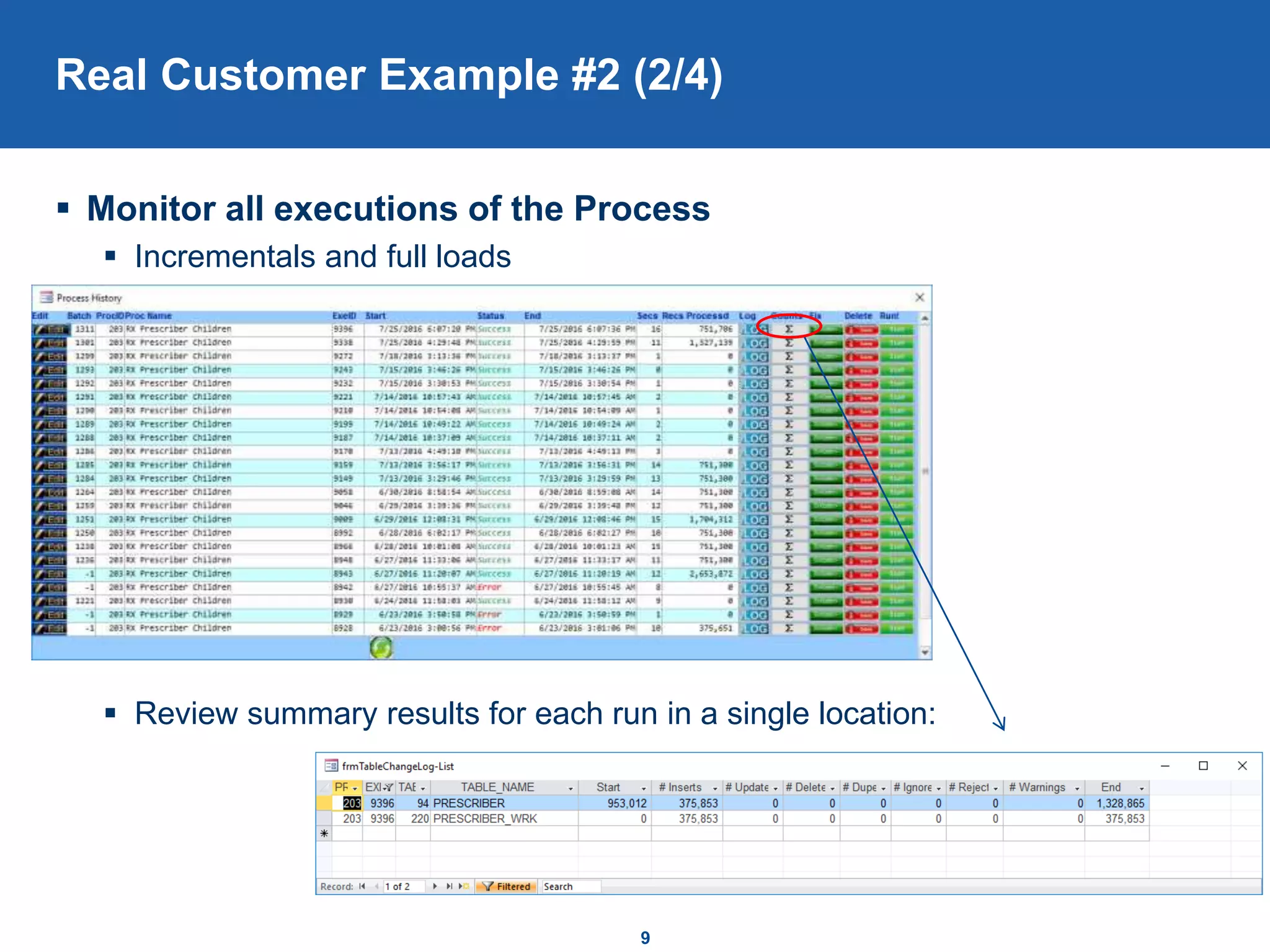 Real Customer Example #2 (2/4)
 Monitor all executions of the Process
 Incrementals and full loads
 Review summary results for each run in a single location:
9
 