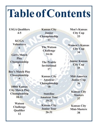 TableofContents
Men’s Kansas
City Cup
33
Kansas City
Junior
Championship
13
USGA Qualifiers
4-5
Girl’s Match
Play
Champion...