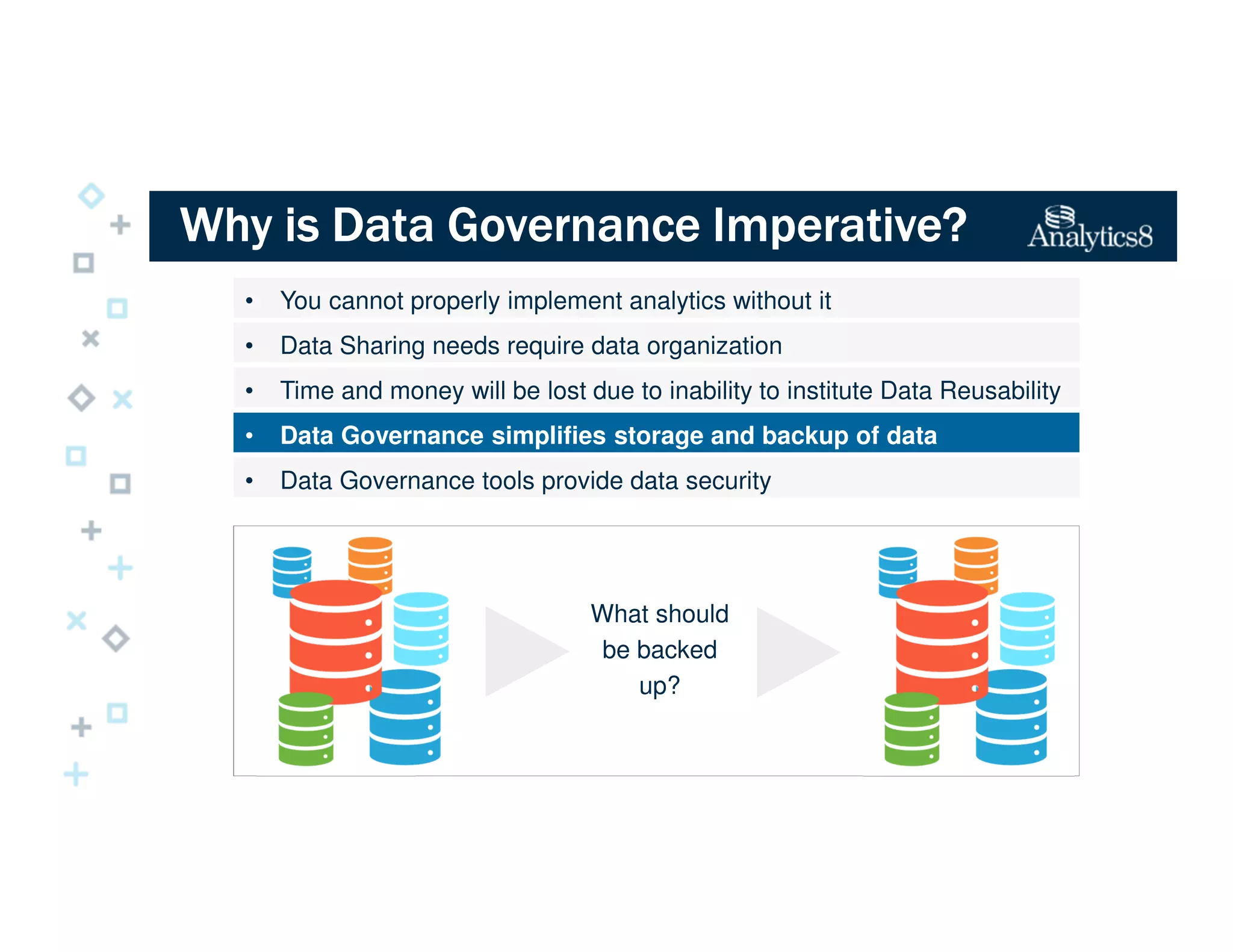 Why is Data Governance Imperative?Why is Data Governance Imperative?Why is Data Governance Imperative?Why is Data Governance Imperative?
• You cannot properly implement analytics without it
• Data Sharing needs require data organization
• Time and money will be lost due to inability to institute Data Reusability
• Data Governance simplifies storage and backup of data
• Data Governance tools provide data security
What should
be backed
up?
 