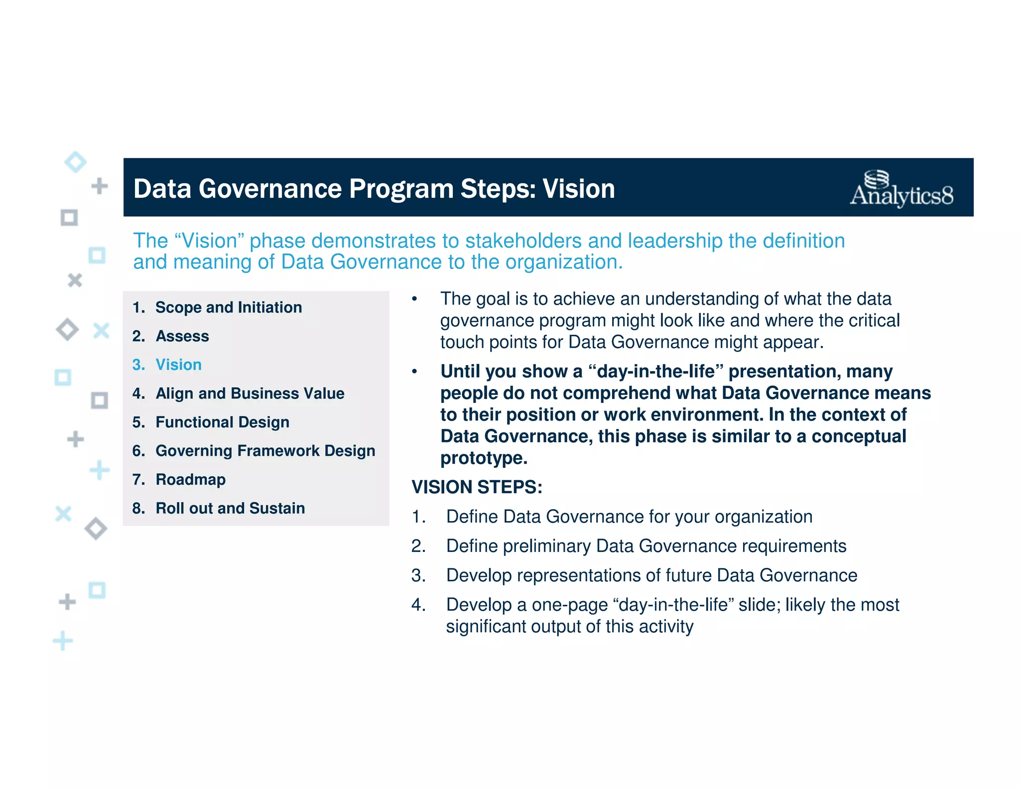 Data Governance Program Steps: VisionData Governance Program Steps: VisionData Governance Program Steps: VisionData Governance Program Steps: Vision
1. Scope and Initiation
2. Assess
3. Vision
4. Align and Business Value
5. Functional Design
6. Governing Framework Design
7. Roadmap
8. Roll out and Sustain
The “Vision” phase demonstrates to stakeholders and leadership the definition
and meaning of Data Governance to the organization.
• The goal is to achieve an understanding of what the data
governance program might look like and where the critical
touch points for Data Governance might appear.
• Until you show a “day-in-the-life” presentation, many
people do not comprehend what Data Governance means
to their position or work environment. In the context of
Data Governance, this phase is similar to a conceptual
prototype.
VISION STEPS:
1. Define Data Governance for your organization
2. Define preliminary Data Governance requirements
3. Develop representations of future Data Governance
4. Develop a one-page “day-in-the-life” slide; likely the most
significant output of this activity
 