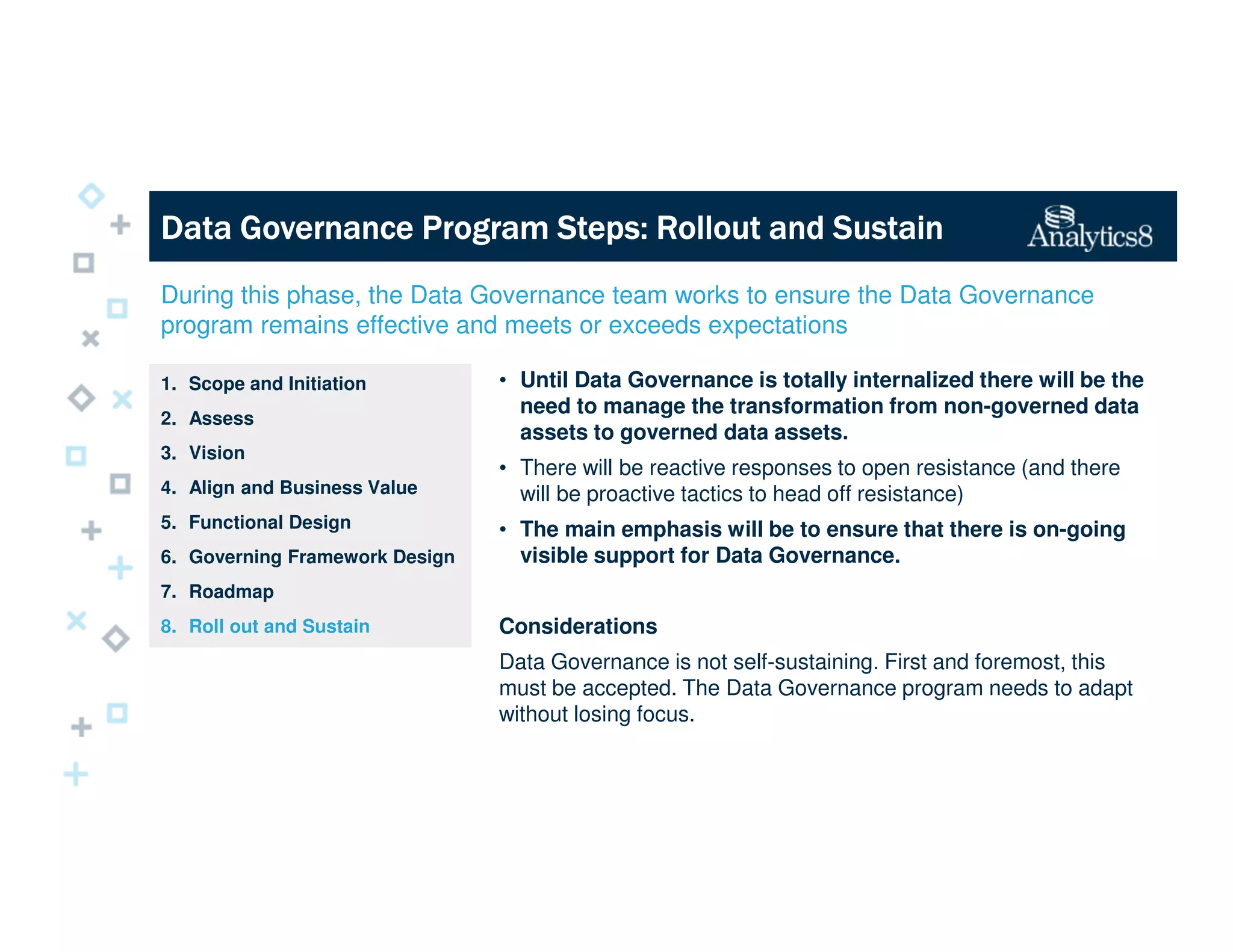 Data Governance Program Steps: Rollout and SustainData Governance Program Steps: Rollout and SustainData Governance Program Steps: Rollout and SustainData Governance Program Steps: Rollout and Sustain
• Until Data Governance is totally internalized there will be the
need to manage the transformation from non-governed data
assets to governed data assets.
• There will be reactive responses to open resistance (and there
will be proactive tactics to head off resistance)
• The main emphasis will be to ensure that there is on-going
visible support for Data Governance.
Considerations
Data Governance is not self-sustaining. First and foremost, this
must be accepted. The Data Governance program needs to adapt
without losing focus.
1. Scope and Initiation
2. Assess
3. Vision
4. Align and Business Value
5. Functional Design
6. Governing Framework Design
7. Roadmap
8. Roll out and Sustain
During this phase, the Data Governance team works to ensure the Data Governance
program remains effective and meets or exceeds expectations
 