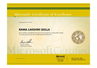 Steven A. Ballmer
Chief Executive Ofﬁcer
RAMA LAKSHMI GOLLA
Has successfully completed the requirements to be recognized as a Microsoft® Certified
Technology Specialist: SQL Server® 2008, Database Development
SQL Server® 2008,
Database Development
Certification Number: D379-3779
Achievement Date: June 18, 2011
 
