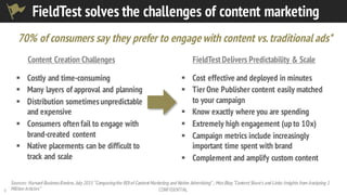 3 CONFIDENTIAL
Sources: Harvard BusinessReview, July2015 “Comparingthe ROIof Content Marketing and Native Advertising” ; Moz Blog “Content Share's and Links:Insights from Analyzing 1
Million Articles”
FieldTest solves the challenges of content marketing
Content Creation Challenges
§ Costly and time-consuming
§ Many layers of approval and planning
§ Distribution sometimes unpredictable
and expensive
§ Consumers often fail to engage with
brand-created content
§ Native placements can be difficult to
track and scale
FieldTest Delivers Predictability & Scale
§ Cost effective and deployed in minutes
§ Tier One Publisher content easily matched
to your campaign
§ Know exactly where you are spending
§ Extremely high engagement (up to 10x)
§ Campaign metrics include increasingly
important time spent with brand
§ Complement and amplify custom content
70% of consumers say they prefer to engagewith content vs.traditional ads*
 