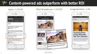4 CONFIDENTIAL
Content-powered ads outperform with better ROI
300x250mobileweb–1-3% CTRNative–1.7% CTR In-App Interstitial–5-8%
 