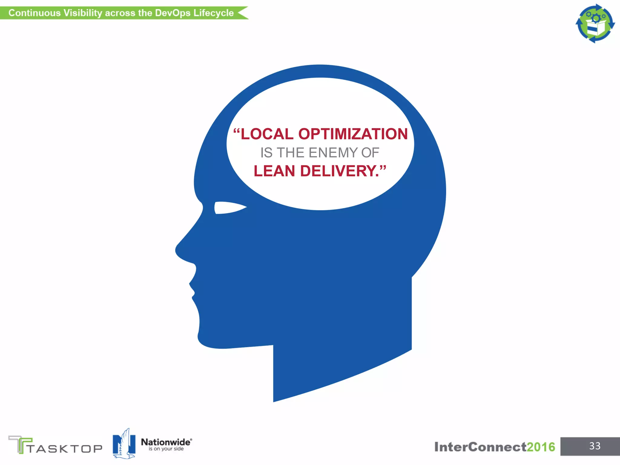 “LOCAL OPTIMIZATION
IS THE ENEMY OF
LEAN DELIVERY.”
33
 
