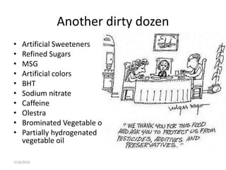 Another dirty dozen
• Artificial Sweeteners
• Refined Sugars
• MSG
• Artificial colors
• BHT
• Sodium nitrate
• Caffeine
• Olestra
• Brominated Vegetable oil
• Partially hydrogenated
vegetable oil
7/10/2016
 