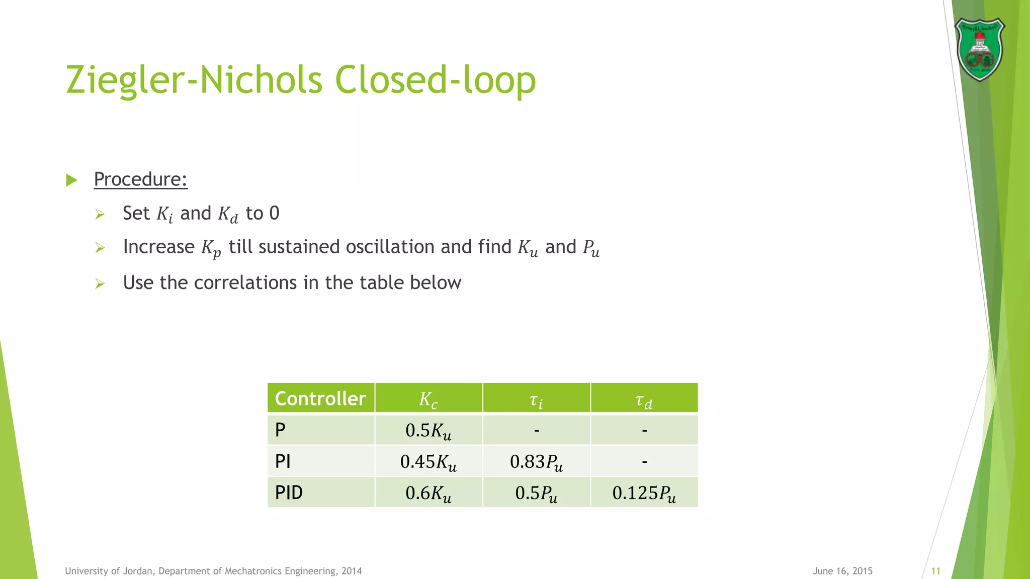 Ziegler-Nichols Closed-loop
June 16, 2015 11University of Jordan, Department of Mechatronics Engineering, 2014
Controller 𝐾𝑐 𝜏𝑖 𝜏 𝑑
P 0.5𝐾 𝑢 - -
PI 0.45𝐾 𝑢 0.83𝑃𝑢 -
PID 0.6𝐾 𝑢 0.5𝑃𝑢 0.125𝑃𝑢
 Procedure:
 Set 𝐾𝑖 and 𝐾 𝑑 to 0
 Increase 𝐾 𝑝 till sustained oscillation and find 𝐾 𝑢 and 𝑃𝑢
 Use the correlations in the table below
 