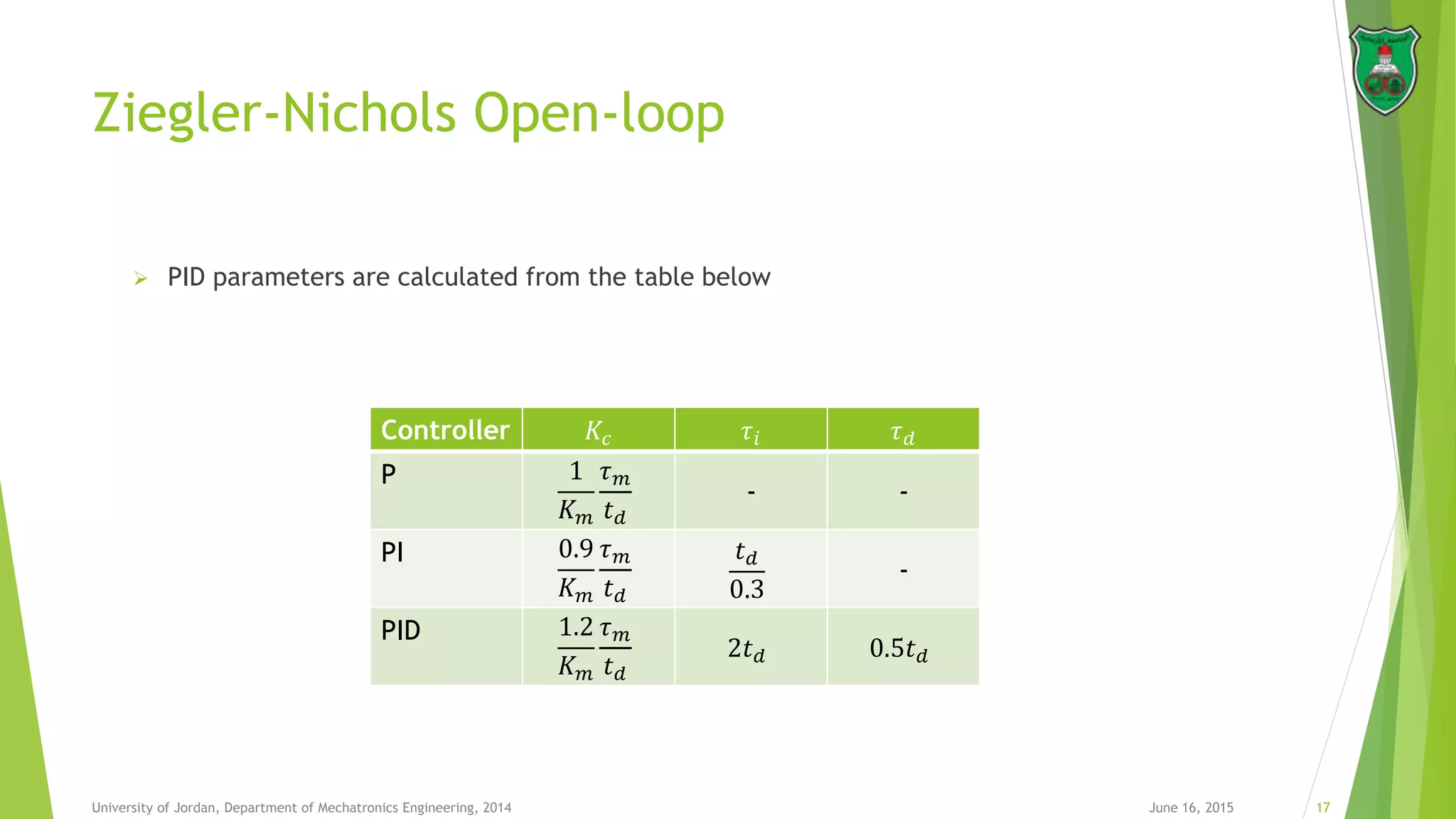 Ziegler-Nichols Open-loop
 PID parameters are calculated from the table below
June 16, 2015 17University of Jordan, Department of Mechatronics Engineering, 2014
Controller 𝐾𝑐 𝜏𝑖 𝜏 𝑑
P 1
𝐾 𝑚
𝜏 𝑚
𝑡 𝑑
- -
PI 0.9
𝐾 𝑚
𝜏 𝑚
𝑡 𝑑
𝑡 𝑑
0.3
-
PID 1.2
𝐾 𝑚
𝜏 𝑚
𝑡 𝑑
2𝑡 𝑑 0.5𝑡 𝑑
 