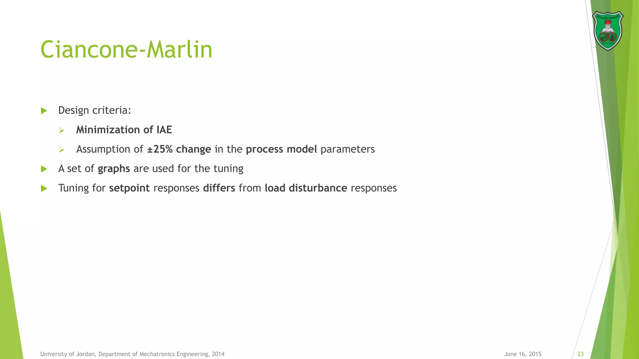 Ciancone-Marlin
June 16, 2015 23University of Jordan, Department of Mechatronics Engineering, 2014
 Design criteria:
 Minimization of IAE
 Assumption of ±25% change in the process model parameters
 A set of graphs are used for the tuning
 Tuning for setpoint responses differs from load disturbance responses
 