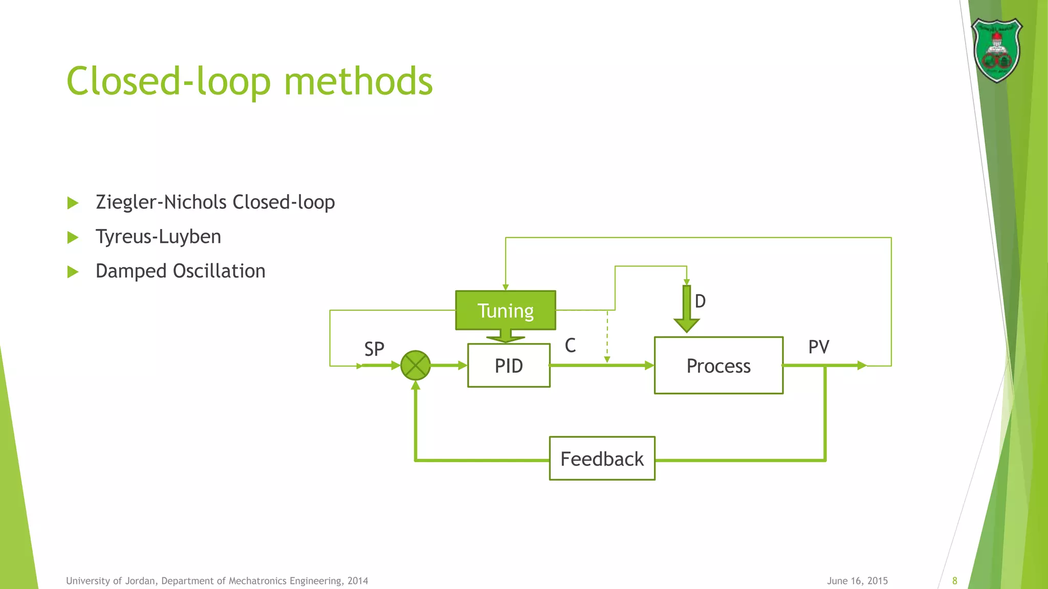 Closed-loop methods
 Ziegler-Nichols Closed-loop
 Tyreus-Luyben
 Damped Oscillation
June 16, 2015 8University of Jordan, Department of Mechatronics Engineering, 2014
PID Process
D
C PV
Feedback
SP
Tuning
 