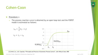 Cohen-Coon
 Procedure:[1]
 The process reaction curve is obtained by an open loop test and the FOPDT
model is estimated as follows:
𝜏 𝑚 =
3
2
𝑡2 − 𝑡1
𝑡 𝑑 = 𝑡2 − 𝜏 𝑚
June 16, 2015 21University of Jordan, Department of Mechatronics Engineering, 2014
-0.5
0
0.5
1
1.5
2
2.5
[1] Smith,C.A., A.B. Copripio; “Principles and Practice of Automatic Process Control”, John Wiley & Sons,1985
 