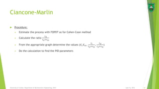Ciancone-Marlin
June 16, 2015 24University of Jordan, Department of Mechatronics Engineering, 2014
 Procedure:
 Estimate the process with FOPDT as for Cohen-Coon method
 Calculate the ratio
𝑡 𝑑
𝑡 𝑑+𝜏 𝑚
 From the appropriate graph determine the values (𝐾𝑐 𝐾 𝑚,
𝜏 𝑖
𝑡 𝑑+𝜏 𝑚
,
𝜏 𝑑
𝑡 𝑑+𝜏 𝑚
)
 Do the calculation to find the PID parameters
 