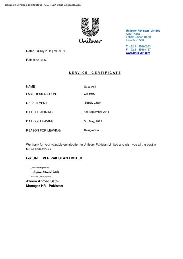Unilever Experience Certificate
