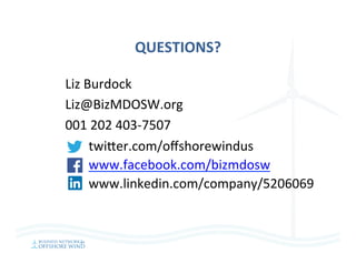 QUESTIONS?	
Liz	Burdock	
Liz@BizMDOSW.org	
001	202	403-7507	
twieer.com/oﬀshorewindus	
www.facebook.com/bizmdosw	
www.linkedin.com/company/5206069	
 