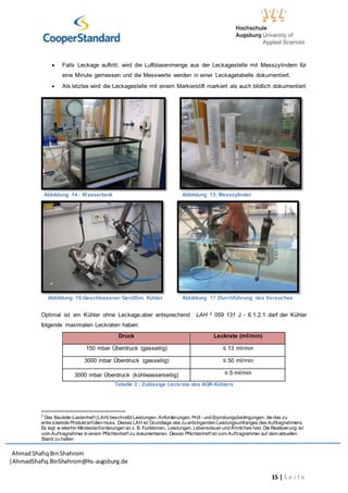 AhmadShafiq BinShahrom
|AhmadShafiq.BinShahrom@hs-augsburg.de
15 | S e i t e
 Falls Leckage auftritt, wird die Luftblasenmenge aus der Leckagestelle mit Messzylindern für
eine Minute gemessen und die Messwerte werden in einer Leckagetabelle dokumentiert.
 Als letztes wird die Leckagestelle mit einem Markierstift markiert als auch bildlich dokumentiert
Optimal ist ein Kühler ohne Leckage,aber entsprechend LAH 2 059 131 J - 6.1.2.1 darf der Kühler
folgende maximalen Leckraten haben:
Druck Leckrate (ml/min)
150 mbar Überdruck (gasseitig) ≤ 13 ml/min
3000 mbar Überdruck (gasseitig) ≤ 50 ml/min
3000 mbar Überdruck (kühlwasserseitig) ≤ 5 ml/min
Tabelle 2 : Zulässige Leckrate des AGR-Kühlers
2
Das Bauteile-Lastenheft (LAH) beschreibt Leistungen, Anforderungen, Prüf- und Erprobungsbedingungen, die das zu
entw ickelnde Produkt erfüllen muss. Dieses LAH ist Grundlage des zu erbringenden Leistungsumfanges des Auftragnehmers.
Es legt w eiterhin Mindestanforderungen an z. B. Funktionen, Leistungen, Lebensdauer und Ähnliches fest. Die Realisierung ist
vom Auftragnehmer in einem Pflichtenheft zu dokumentieren. Dieses Pflichtenheft ist vom Auftragnehmer auf dem aktuellen
Stand zu halten
Abbildung 14 : Wassertank Abbildung 15: Messzylinder
Abbildung 16:Geschlossener Gen2Evo Kühler Abbildung 17 :Durchführung des Versuches
 
