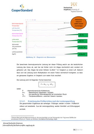 AhmadShafiq BinShahrom
|AhmadShafiq.BinShahrom@hs-augsburg.de
21 | S e i t e
Die berechnete thermodynamische Leistung bei dieser Prüfung weicht von der tatsächlichen
Leistung des Autos ab, weil hier der Kühler nicht mit Abgas durchströmt wird, sondern mit
geheizter Luft. Das Abgas hat einen höheren Cp-Wert 3 im Vergleich zu reiner Luft. Dadurch
lässt sich die Leistung durch Multiplikation mit einem Faktor rechnerisch korrigieren, so dass
ein genaueres Ergebnis im Vergleich zum realen Auto resultiert.
Die Leistung wird mit folgender Formel berechnet:
𝑃 = ṁ12 ∙ cp ∙ ∆T12
wobei:
P : thermodynamische Kühlleistung
ṁ12 : Massenstrom Gaseinlass /-auslass.
cp : die spezifische Wärmekapazität bei konstantem Druck
∆T12 : Temperaturdifferenz zwischen Gasein-/-auslass.
5.1.4.1. Erstellung des Prüfberichtes nach der Leistungsprüfung
Die gesammelten Ergebnisse der vorherigen Prüfungen werden in einem Prüfbericht
erfasst und verarbeitet. Aus der Leistungsprüfung werden Kennfeld und Wirkungsgrad
ermittelt.
3
Dieser Wert gibt die Wärmemenge an,die man benötigt,um die Temperatur von 1kg eines Stoffes bei
konstantem Druck um 1 Kelvin zu erhöhen.Die Maßeinheitbeträgt J/kgK.
h :m in :s
00 :30 :00
°C
104
101
97
94
90
°C
164
161
157
154
150
°C
100
98
95
93
90
°C
480
465
450
435
420
m ³/h
0 ,54
0 ,52
0 ,50
0 ,48
0 ,46
kg /h
160
120
80
40
0
Überschrift
Kühlmittel-Austritt
Temperatur
Luft-Austritt
Temperatur [°C]
Kühlmittel-Eintritt
Temperatur [°C]
Lufteintritt
Temperatur [°C]
Kühlmittel
Volumenstrom
[m3 /h]
Luftmassenstrom
[kg/h]
Abbildung 24 : Diagramm von Messwerten
Parametern
müssen in
stabile Zustand
einschwingen
0,5 [m3 /h]
20 [kg /h]
450 [°C]
95 [°C]
 