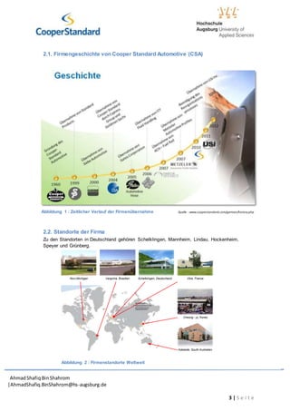 AhmadShafiq BinShahrom
|AhmadShafiq.BinShahrom@hs-augsburg.de
3 | S e i t e
2.1. Firmengeschichte von Cooper Standard Automotive (CSA)
Abbildung 1 : Zeitlicher Verlauf der Firmenübernahme Quelle : www.cooperstandard.com/german/history.php
2.2. Standorte der Firma
Zu den Standorten in Deutschland gehören Schelklingen, Mannheim, Lindau, Hockenheim,
Speyer und Grünberg.
Novi,Michigan Varginha, Brasilien Vitre, FranceSchelklingen, Deutschland
Cheong - ju, Korea
Adelaide, South Australien
Abbildung 2 : Firmenstandorte Weltweit
 