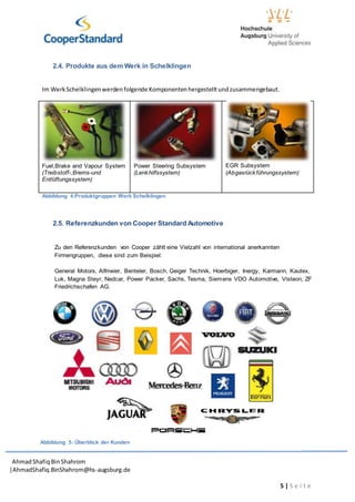 AhmadShafiq BinShahrom
|AhmadShafiq.BinShahrom@hs-augsburg.de
5 | S e i t e
2.4. Produkte aus dem Werk in Schelklingen
Im WerkSchelklingenwerdenfolgende Komponentenhergestelltundzusammengebaut.
Fuel,Brake and Vapour System
(Treibstoff-,Brems-und
Entlüftungssystem)
Power Steering Subsystem
(Lenkhilfssystem)
EGR Subsystem
(Abgasrückführungssystem)
Abbildung 4:Produktgruppen Werk Schelklingen
2.5. Referenzkunden von Cooper Standard Automotive
Zu den Referenzkunden von Cooper zählt eine Vielzahl von international anerkannten
Firmengruppen, diese sind zum Beispiel:
General Motors, Alfmeier, Benteler, Bosch, Geiger Technik, Hoerbiger, Inergy, Karmann, Kautex,
Luk, Magna Steyr, Nedcar, Power Packer, Sachs, Tesma, Siemens VDO Automotive, Visteon, ZF
Friedrichschafen AG.
5
Abbildung 5: Überblick der Kunden
 