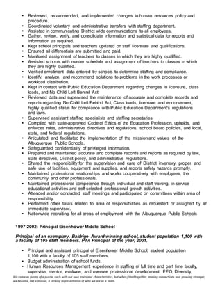 We come as pieces of a puzzle, each with our own traits and characteristics, but when fitted together, making connections and growing stronger,
we become, like a mosaic, a striking representation of who we are as a team.
• Reviewed, recommended, and implemented changes to human resources policy and
procedure.
• Coordinated voluntary and administrative transfers with staffing department.
• Assisted in communicating District wide communications to all employees.
• Gather, review, verify, and consolidate information and statistical data for reports and
information as required.
• Kept school principals and teachers updated on staff licensure and qualifications.
• Ensured all differentials are submitted and paid.
• Monitored assignment of teachers to classes in which they are highly qualified.
• Assisted schools with master schedule and assignment of teachers to classes in which
they are highly qualified.
• Verified enrollment data entered by schools to determine staffing and compliance.
• Identify, analyze, and recommend solutions to problems in the work processes or
workload distribution.
• Kept in contact with Public Education Department regarding changes in licensure, class
loads, and No Child Left Behind Act
• Reviewed data and supervised the maintenance of accurate and complete records and
reports regarding No Child Left Behind Act, Class loads, licensure and endorsement,
highly qualified status for compliance with Public Education Department's regulations
and laws.
• Supervised assistant staffing specialists and staffing secretaries
• Complied with state-approved Code of Ethics of the Education Profession, upholds, and
enforces rules, administrative directives and regulations, school board policies, and local,
state, and federal regulations.
• Articulated and facilitated the implementation of the mission and values of the
Albuquerque Public Schools.
• Safeguarded confidentiality of privileged information.
• Prepared and maintained accurate and complete records and reports as required by law,
state directives, District policy, and administrative regulations.
• Shared the responsibility for the supervision and care of District inventory, proper and
safe use of facilities, equipment and supplies, and reports safety hazards promptly.
• Maintained professional relationships and works cooperatively with employees, the
community and other professionals.
• Maintained professional competence through individual and staff training, in-service
educational activities and self-selected professional growth activities.
• Attended and/or conducted staff meetings and participated on committees within area of
responsibility.
• Performed other tasks related to area of responsibilities as requested or assigned by an
immediate supervisor.
• Nationwide recruiting for all areas of employment with the Albuquerque Public Schools
1997-2002: Principal Eisenhower Middle School
Principal of an exemplary, Baldrige Award winning school, student population 1,100 with
a faculty of 105 staff members. PTA Principal of the year, 2001.
• Principal and assistant principal of Eisenhower Middle School, student population
1,100 with a faculty of 105 staff members.
• Budget administration of school funds.
• Human Resources Management experience in staffing of full time and part time faculty,
supervise, mentor, evaluate, and oversee professional development. EEO, Diversity,
 