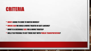 CRITERIA
• WHO’S GOING TO COME TO WATCH MOVIES?
• WHERE CAN WE BUILD A MOVIE THEATER IN EAST LANSING?
• WHAT IS A DESIRABLESIZE FOR A MOVIE THEATER?
• WILL IT BE POSSIBLE TO GET THERE FAST WITHPUBLIC TRANSPORTATION?
 