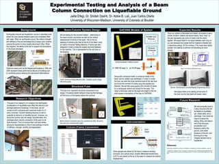 TEMPLATE DESIGN © 2008
www.PosterPresentations.com
Experimental Testing and Analysis of a Beam
Column Connection on Liquefiable Ground
Background
Earthquake-induced soil liquefaction occurs in saturated soils
where the pore spaces between grains are completely filled
with water. When an earthquake occurs, the relative strength
and stiffness of the soil decreases due to large cyclic motions
causing the grains to move readily about each other. When
this happens, the ability of the soil to support the foundations
of structures decrease.
Historical cases such as the Niigata earthquakes in 1964 and
2004 represent these performance failures of buildings due
to combined ground shaking and permanent deformations.
Research Objectives
Beam-Column System Design SAP2000 Models of System Expected Results
Structural Fuse
Future Research
Column-Frame Connection
Strain gauges are placed by the fuse to measure bending
moments, and vertical linear variable differential transformers
(LVDT’s) are placed at the tip of the beam to measure its vertical
displacement.
Once our system is fabricated and tested, we expect to get a
similar moment- rotation plot shown below. Each “loop” on
the plot represents one cycle of motion that the piston
applies. We expect there to be space between each loop on
our plot because this implies that the material is flexible and
is absorbing energy. On the contrary, if the loops were tightly
packed, the material is stiff and not absorbing as much
energy.
Beam-Column Connection and cross sectional are (left). Structural
fuse and cross sectional area (right).
Instron Universal Testing Machine (left). Complete system design
with frame (right).
Jalila Elfejji, Dr. Shideh Dashti, Dr. Abbie B. Liel, Juan Carlos Olarte
University of Wisconsin-Madison, University of Colorado at Boulder
The goal of our research is to analyze how earthquake
accelerations on liquefiable soils affect the behavior and
damage potential of buildings. In the future, we will
construct both a physical and numerical model of a 3-
story, nonlinear, moment resisting structure on soil to
evaluate its behavior on liquefied ground. However, our
focus this summer was the design and fabrication of a
prototype beam-column connection of this soon to be
built structure. This is to ensure that it will hold similar
structural characteristics to that of real buildings in terms
of stiffness, strength, ductility and degradation.
We are testing for the moment-rotation relationship at
the beam-column connection as well as the vertical
displacement at the tip of the beam. We do this by
applying a vertical cyclic load at the tip of the beam using
an Instron Universal Testing Machine. A frame was also
designed in order to keep the system securely fastened
on the machine. This is represented by the red lines on
the drawing.
The fuse is an important structural component of our
design. It localizes plastic behavior ensuring that damage
will first occur at the beams before the columns.
Parallel Axis
Theorem
Moment
of Inertia
SAP
Beam-
Column
SAP
Beam-
Column
w/Frame
OpenSees
Beam-
Column
Tip
Displacemen
t
(mm)
9.66 9.66 9.6
Tip Rotation
(rad)
0.046 0.046 0.045
Connection
Rotation
(rad)
0.013 0.013 0.012
Instrumentation
Along with a physical model, a numerical model of the
beam column system was developed. In order to model
the fuse, we used the cross sectional area of the real fuse
and found the moment of inertia using the parallel axis
theorem. We set that value equal to the moment of inertia
for a rectangular section and solved for the base. This
value is what was used as the base and height of the the
solid square cross section of the fuse on SAP2000.
Numerical Model of Beam-Column
Parallel Axis
10mm
1.6mm
d
I= 1907.55 mm^4 b=12.29 mm
Strain
Gauge
LVDT
We expect there to be yielding at the ends of
the fuse, but the fuse itself will remain intact.
Source: Soil Dynamics and Earthquake Engineering (2012)
References:
Dashti, Shideh, and Abbie B. Liel. Performance of Buildings on Liquefiable Soils: Evaluation and Mitigation : n. pag. Print.
Trombetta, N.W. , H.B Mason, Z Chen, T.C Hutchinson, J.D Bray, and B.L Kutter. "Nonlinear dynamic foundation and frame
structure response observed in geotechnical centrifuge experiment." Soil Dynamics and Earthquake Engineering 32: n. pag.
Web.
We will eventually build a
3-story structure that will
be tested on liquefiable
soil, shake table, and a
centrifuge. From there we
hope to analyze the
sliding, tilting, and lateral
drift of the structure,
acceleration and
frequency within the
ground, pore water
pressure of the soil, and
techniques to help
mitigate hazards due to
liquefaction.
 