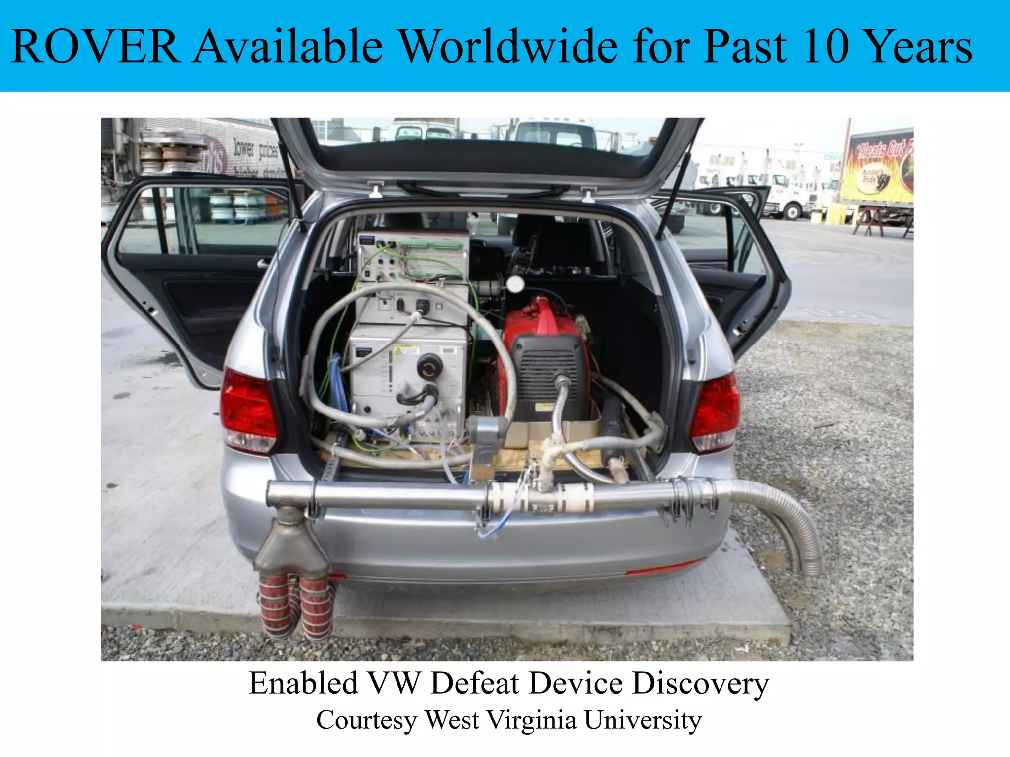 Enabled VW Defeat Device Discovery
Courtesy West Virginia University
ROVER Available Worldwide for Past 10 Years
 