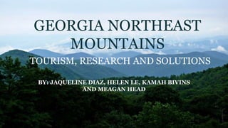 GEORGIA NORTHEAST
MOUNTAINS
BY: JAQUELINE DIAZ, HELEN LE, KAMAH BIVINS
AND MEAGAN HEAD
TOURISM, RESEARCH AND SOLUTIONS
 