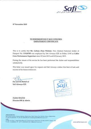 Safi Airways Employment Certificate