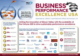 Register now at www.businessperformanceexcellencesummit.com	 Book Before 24 June To Save $1000!
September 26 - 28 2016 | Hyatt Fisherman’s Wharf, San Francisco, CA
Only at the West Coast’s
#1 process transformation
event will you find…
Case studies from C-suite and VP-level enterprise transformation
leaders from companies including:
Expert Speakers50+
Sponsors and
Exhibitors20+
Participants200+
80%+ Practitioner
Attendees
10+ Hours Dedicated
Networking
100+ Companies
Represented
Tear down the
status quo and
leap ahead of
the competition
Powered by
Uniting the innovation of Silicon Valley with the scalability of
the Fortune 500 to drive sustainable performance excellence
You need to be here if you
are a..
 Start-up: Hear from Fortune
500s and high-growth
companies how to scale
up your operations
 Large enterprise: Benefit
from the process innovation
strategies of tech disruptors
and your Fortune 500 peers
 Healthcare professional:
Benefit from a focus day
to discover how to improve
quality, patient safety
and efficiencies!
 