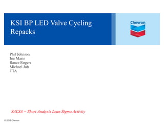 © 2013 Chevron
KSI BP LED Valve Cycling
Repacks
Phil Johnson
Joe Marin
Rance Rogers
Michael Job
TTA
SALSA = Short Analysis Lean Sigma Activity
 