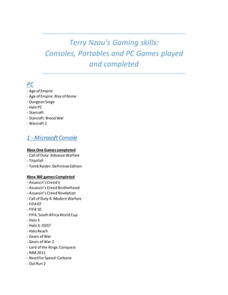 Terry Nzau’s Gaming skills:
Consoles, Portables and PC Games played
and completed
PC
- Age of Empire
- Age of Empire:Rise of Rome
- DungeonSiege
- HaloPC
- Starcraft
- Starcraft: BroodWar
- Warcraft 2
1 - Microsoft Console
Xbox One Gamescompleted
- Call of Duty: Advance Warfare
- Titanfall
- TombRaider:Definitive Edition
Xbox 360 gamesCompleted
- Assassin’sCreedII
- Assassin’sCreedBrotherhood
- Assassin’sCreedRevelation
- Call of Duty 4: ModernWarfare
- FIFA 07
- FIFA 10
- FIFA:South AfricaWorldCup
- Halo3
- Halo3: ODST
- HaloReach
- Gears of War
- Gears of War 2
- Lord of the Rings:Conquest
- NBA 2K11
- NeedforSpeed:Carbone
- OutRun 2
 