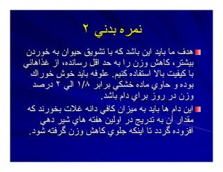 ‫ﺑﺪﻥﻲ‬ ‫ﻥﻤﺮﻩ‬‫ﺑﺪﻥﻲ‬ ‫ﻥﻤﺮﻩ‬٢٢
‫ﺧﻮردن‬ ‫ﺑﻪ‬ ‫ﺣﻴﻮان‬ ‫ﺕﺸﻮﻳﻖ‬ ‫ﺑﺎ‬ ‫آﻪ‬ ‫ﺑﺎﺷﺪ‬ ‫اﻳﻦ‬ ‫ﺑﺎﻳﺪ‬ ‫ﻣﺎ‬ ‫هﺪف‬‫ﺧﻮردن‬ ‫ﺑﻪ‬ ‫ﺣﻴﻮان‬ ‫ﺕﺸﻮﻳﻖ‬ ‫ﺑﺎ‬ ‫آﻪ‬ ‫ﺑﺎﺷﺪ‬ ‫اﻳﻦ‬ ‫ﺑﺎﻳﺪ‬ ‫ﻣﺎ‬ ‫هﺪف‬
‫ﻏﺬاهﺎﺋﻲ‬ ‫از‬ ،‫رﺳﺎﻥﺪﻩ‬ ‫اﻗﻞ‬ ‫ﺣﺪ‬ ‫ﺑﻪ‬ ‫را‬ ‫وزن‬ ‫آﺎهﺶ‬ ،‫ﺑﻴﺸﺘﺮ‬‫ﻏﺬاهﺎﺋﻲ‬ ‫از‬ ،‫رﺳﺎﻥﺪﻩ‬ ‫اﻗﻞ‬ ‫ﺣﺪ‬ ‫ﺑﻪ‬ ‫را‬ ‫وزن‬ ‫آﺎهﺶ‬ ،‫ﺑﻴﺸﺘﺮ‬
‫آﻨﻴﻢ‬ ‫اﺳﺘﻔﺎدﻩ‬ ‫ﺑﺎﻻ‬ ‫آﻴﻔﻴﺖ‬ ‫ﺑﺎ‬‫آﻨﻴﻢ‬ ‫اﺳﺘﻔﺎدﻩ‬ ‫ﺑﺎﻻ‬ ‫آﻴﻔﻴﺖ‬ ‫ﺑﺎ‬..‫ﺧﻮراك‬ ‫ﺧﻮش‬ ‫ﺑﺎﻳﺪ‬ ‫ﻋﻠﻮﻓﻪ‬‫ﺧﻮراك‬ ‫ﺧﻮش‬ ‫ﺑﺎﻳﺪ‬ ‫ﻋﻠﻮﻓﻪ‬
‫ﺑﺮاﺑﺮ‬ ‫ﺧﺸﻜﻲ‬ ‫ﻣﺎدﻩ‬ ‫ﺣﺎوي‬ ‫و‬ ‫ﺑﻮدﻩ‬‫ﺑﺮاﺑﺮ‬ ‫ﺧﺸﻜﻲ‬ ‫ﻣﺎدﻩ‬ ‫ﺣﺎوي‬ ‫و‬ ‫ﺑﻮدﻩ‬٨٨//١١‫اﻟﻲ‬‫اﻟﻲ‬٢٢‫درﺻﺪ‬‫درﺻﺪ‬
‫ﺑﺎﺷﺪ‬ ‫دام‬ ‫ﺑﺮاي‬ ‫روز‬ ‫در‬ ‫وزن‬‫ﺑﺎﺷﺪ‬ ‫دام‬ ‫ﺑﺮاي‬ ‫روز‬ ‫در‬ ‫وزن‬..
‫آﻪ‬ ‫ﺑﺨﻮرﻥﺪ‬ ‫ﻏﻼت‬ ‫داﻥﻪ‬ ‫آﺎﻓﻲ‬ ‫ﻣﻴﺰان‬ ‫ﺑﻪ‬ ‫ﺑﺎﻳﺪ‬ ‫هﺎ‬ ‫دام‬ ‫اﻳﻦ‬‫آﻪ‬ ‫ﺑﺨﻮرﻥﺪ‬ ‫ﻏﻼت‬ ‫داﻥﻪ‬ ‫آﺎﻓﻲ‬ ‫ﻣﻴﺰان‬ ‫ﺑﻪ‬ ‫ﺑﺎﻳﺪ‬ ‫هﺎ‬ ‫دام‬ ‫اﻳﻦ‬
‫دهﻲ‬ ‫ﺷﻴﺮ‬ ‫هﺎي‬ ‫هﻔﺘﻪ‬ ‫اوﻟﻴﻦ‬ ‫در‬ ‫ﺕﺪرﻳﺞ‬ ‫ﺑﻪ‬ ‫ﺁن‬ ‫ﻣﻘﺪار‬‫دهﻲ‬ ‫ﺷﻴﺮ‬ ‫هﺎي‬ ‫هﻔﺘﻪ‬ ‫اوﻟﻴﻦ‬ ‫در‬ ‫ﺕﺪرﻳﺞ‬ ‫ﺑﻪ‬ ‫ﺁن‬ ‫ﻣﻘﺪار‬
‫ﺷﻮد‬ ‫ﮔﺮﻓﺘﻪ‬ ‫وزن‬ ‫آﺎهﺶ‬ ‫ﺝﻠﻮي‬ ‫اﻳﻨﻜﻪ‬ ‫ﺕﺎ‬ ‫ﮔﺮدد‬ ‫اﻓﺰودﻩ‬‫ﺷﻮد‬ ‫ﮔﺮﻓﺘﻪ‬ ‫وزن‬ ‫آﺎهﺶ‬ ‫ﺝﻠﻮي‬ ‫اﻳﻨﻜﻪ‬ ‫ﺕﺎ‬ ‫ﮔﺮدد‬ ‫اﻓﺰودﻩ‬..
 