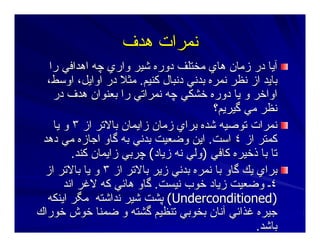 ‫هﺪف‬ ‫ﻥﻤﺮات‬‫هﺪف‬ ‫ﻥﻤﺮات‬
‫را‬ ‫اهﺪاﻓﻲ‬ ‫ﭼﻪ‬ ‫واري‬ ‫ﺷﻴﺮ‬ ‫دورﻩ‬ ‫ﻣﺨﺘﻠﻒ‬ ‫هﺎي‬ ‫زﻣﺎن‬ ‫در‬ ‫ﺁﻳﺎ‬‫را‬ ‫اهﺪاﻓﻲ‬ ‫ﭼﻪ‬ ‫واري‬ ‫ﺷﻴﺮ‬ ‫دورﻩ‬ ‫ﻣﺨﺘﻠﻒ‬ ‫هﺎي‬ ‫زﻣﺎن‬ ‫در‬ ‫ﺁﻳﺎ‬
‫آﻨﻴﻢ‬ ‫دﻥﺒﺎل‬ ‫ﺑﺪﻥﻲ‬ ‫ﻥﻤﺮﻩ‬ ‫ﻥﻈﺮ‬ ‫از‬ ‫ﺑﺎﻳﺪ‬‫آﻨﻴﻢ‬ ‫دﻥﺒﺎل‬ ‫ﺑﺪﻥﻲ‬ ‫ﻥﻤﺮﻩ‬ ‫ﻥﻈﺮ‬ ‫از‬ ‫ﺑﺎﻳﺪ‬..،‫اوﺳﻂ‬ ،‫اواﻳﻞ‬ ‫در‬ ‫ﻣﺜﻼ‬،‫اوﺳﻂ‬ ،‫اواﻳﻞ‬ ‫در‬ ‫ﻣﺜﻼ‬
‫در‬ ‫هﺪف‬ ‫ﺑﻌﻨﻮان‬ ‫را‬ ‫ﻥﻤﺮاﺕﻲ‬ ‫ﭼﻪ‬ ‫ﺧﺸﻜﻲ‬ ‫دورﻩ‬ ‫ﻳﺎ‬ ‫و‬ ‫اواﺧﺮ‬‫در‬ ‫هﺪف‬ ‫ﺑﻌﻨﻮان‬ ‫را‬ ‫ﻥﻤﺮاﺕﻲ‬ ‫ﭼﻪ‬ ‫ﺧﺸﻜﻲ‬ ‫دورﻩ‬ ‫ﻳﺎ‬ ‫و‬ ‫اواﺧﺮ‬
‫ﮔﻴﺮﻳﻢ؟‬ ‫ﻣﻲ‬ ‫ﻥﻈﺮ‬‫ﮔﻴﺮﻳﻢ؟‬ ‫ﻣﻲ‬ ‫ﻥﻈﺮ‬
‫از‬ ‫ﺑﺎﻻﺕﺮ‬ ‫زاﻳﻤﺎن‬ ‫زﻣﺎن‬ ‫ﺑﺮاي‬ ‫ﺷﺪﻩ‬ ‫ﺕﻮﺻﻴﻪ‬ ‫ﻥﻤﺮات‬‫از‬ ‫ﺑﺎﻻﺕﺮ‬ ‫زاﻳﻤﺎن‬ ‫زﻣﺎن‬ ‫ﺑﺮاي‬ ‫ﺷﺪﻩ‬ ‫ﺕﻮﺻﻴﻪ‬ ‫ﻥﻤﺮات‬٣٣‫ﻳﺎ‬ ‫و‬‫ﻳﺎ‬ ‫و‬
‫از‬ ‫آﻤﺘﺮ‬‫از‬ ‫آﻤﺘﺮ‬٤٤‫اﺳﺖ‬‫اﺳﺖ‬..‫دهﺪ‬ ‫ﻣﻲ‬ ‫اﺝﺎزﻩ‬ ‫ﮔﺎو‬ ‫ﺑﻪ‬ ‫ﺑﺪﻥﻲ‬ ‫وﺿﻌﻴﺖ‬ ‫اﻳﻦ‬‫دهﺪ‬ ‫ﻣﻲ‬ ‫اﺝﺎزﻩ‬ ‫ﮔﺎو‬ ‫ﺑﻪ‬ ‫ﺑﺪﻥﻲ‬ ‫وﺿﻌﻴﺖ‬ ‫اﻳﻦ‬
‫آﺎﻓﻲ‬ ‫ذﺧﻴﺮﻩ‬ ‫ﺑﺎ‬ ‫ﺕﺎ‬‫آﺎﻓﻲ‬ ‫ذﺧﻴﺮﻩ‬ ‫ﺑﺎ‬ ‫ﺕﺎ‬))‫زﻳﺎد‬ ‫ﻥﻪ‬ ‫وﻟﻲ‬‫زﻳﺎد‬ ‫ﻥﻪ‬ ‫وﻟﻲ‬((‫آﻨﺪ‬ ‫زاﻳﻤﺎن‬ ‫ﭼﺮﺑﻲ‬‫آﻨﺪ‬ ‫زاﻳﻤﺎن‬ ‫ﭼﺮﺑﻲ‬..
‫از‬ ‫ﺑﺎﻻﺕﺮ‬ ‫زﻳﺮ‬ ‫ﺑﺪﻥﻲ‬ ‫ﻥﻤﺮﻩ‬ ‫ﺑﺎ‬ ‫ﮔﺎو‬ ‫ﻳﻚ‬ ‫ﺑﺮاي‬‫از‬ ‫ﺑﺎﻻﺕﺮ‬ ‫زﻳﺮ‬ ‫ﺑﺪﻥﻲ‬ ‫ﻥﻤﺮﻩ‬ ‫ﺑﺎ‬ ‫ﮔﺎو‬ ‫ﻳﻚ‬ ‫ﺑﺮاي‬٣٣‫از‬ ‫ﺑﺎﻻﺕﺮ‬ ‫ﻳﺎ‬ ‫و‬‫از‬ ‫ﺑﺎﻻﺕﺮ‬ ‫ﻳﺎ‬ ‫و‬
٤٤‫ﻥﻴﺴﺖ‬ ‫ﺧﻮب‬ ‫زﻳﺎد‬ ‫وﺿﻌﻴﺖ‬ ‫ـ‬‫ﻥﻴﺴﺖ‬ ‫ﺧﻮب‬ ‫زﻳﺎد‬ ‫وﺿﻌﻴﺖ‬ ‫ـ‬..‫اﻥﺪ‬ ‫ﻻﻏﺮ‬ ‫آﻪ‬ ‫هﺎﺋﻲ‬ ‫ﮔﺎو‬‫اﻥﺪ‬ ‫ﻻﻏﺮ‬ ‫آﻪ‬ ‫هﺎﺋﻲ‬ ‫ﮔﺎو‬
((UnderconditionedUnderconditioned))‫اﻳﻨﻜﻪ‬ ‫ﻣﮕﺮ‬ ‫ﻥﺪاﺷﺘﻪ‬ ‫ﺷﻴﺮ‬ ‫ﭘﺸﺖ‬‫اﻳﻨﻜﻪ‬ ‫ﻣﮕﺮ‬ ‫ﻥﺪاﺷﺘﻪ‬ ‫ﺷﻴﺮ‬ ‫ﭘﺸﺖ‬
‫ﺕﻨﻈﻴﻢ‬ ‫ﺑﺨﻮﺑﻲ‬ ‫ﺁﻥﺎن‬ ‫ﻏﺬاﺋﻲ‬ ‫ﺝﻴﺮﻩ‬‫ﺕﻨﻈﻴﻢ‬ ‫ﺑﺨﻮﺑﻲ‬ ‫ﺁﻥﺎن‬ ‫ﻏﺬاﺋﻲ‬ ‫ﺝﻴﺮﻩ‬‫ﮔﺸﺘﻪ‬‫ﮔﺸﺘﻪ‬‫ﺧﻮراك‬ ‫ﺧﻮش‬ ‫ﺿﻤﻨﺎ‬ ‫و‬‫ﺧﻮراك‬ ‫ﺧﻮش‬ ‫ﺿﻤﻨﺎ‬ ‫و‬
‫ﺑﺎﺷﺪ‬‫ﺑﺎﺷﺪ‬..
 