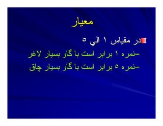 ‫ﻣﻌﻴﺎر‬‫ﻣﻌﻴﺎر‬
‫ﻣﻘﻴﺎس‬ ‫در‬‫ﻣﻘﻴﺎس‬ ‫در‬١١‫اﻟﻲ‬‫اﻟﻲ‬٥٥
––‫ﻥﻤﺮﻩ‬‫ﻥﻤﺮﻩ‬١١‫ﻻﻏﺮ‬ ‫ﺑﺴﻴﺎر‬ ‫ﮔﺎو‬ ‫ﺑﺎ‬ ‫اﺳﺖ‬ ‫ﺑﺮاﺑﺮ‬‫ﻻﻏﺮ‬ ‫ﺑﺴﻴﺎر‬ ‫ﮔﺎو‬ ‫ﺑﺎ‬ ‫اﺳﺖ‬ ‫ﺑﺮاﺑﺮ‬
––‫ﻥﻤﺮﻩ‬‫ﻥﻤﺮﻩ‬٥٥‫ﭼﺎق‬ ‫ﺑﺴﻴﺎر‬ ‫ﮔﺎو‬ ‫ﺑﺎ‬ ‫اﺳﺖ‬ ‫ﺑﺮاﺑﺮ‬‫ﭼﺎق‬ ‫ﺑﺴﻴﺎر‬ ‫ﮔﺎو‬ ‫ﺑﺎ‬ ‫اﺳﺖ‬ ‫ﺑﺮاﺑﺮ‬
 