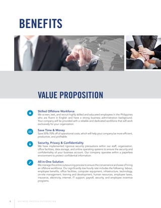 6 B U S I N E S S P R O C E S S O U T S O U R C I N G
Skilled Offshore Workforce
We screen, test, and recruit highly skilled and educated employees in the Philippines
who are fluent in English and have a strong business administration background.
Your company will be provided with a reliable and dedicated workforce that will work
exclusively for your organization.
Save Time & Money
Save 50%-70% off of operational costs, which will help your company be more efficient,
productive, and profitable.
Security, Privacy & Confidentiality
We have implemented rigorous security precautions within our staff, organization,
office facilities, data storage, and online operating systems to ensure the security and
confidentiality of your business account. Our company operates within a paperless
environment to protect confidential information.
All-in-One Solution
We manage the entire outsourcing process to ensure the convenience and ease of hiring
an offshore workforce. Our significantly low hourly rate includes the following: labour,
employee benefits, office facilities, computer equipment, infrastructure, technology,
on-site management, training and development, human resources, employee taxes,
insurance, electricity, internet, IT support, payroll, security, and employee incentive
programs.
BENEFITS
Value Proposition
 