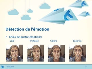 Détection de l’émotion
03/03/2016
• Choix de quatre émotions:
Joie Tristesse Colère Surprise
14
 