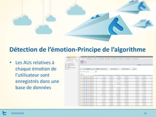 Détection de l’émotion-Principe de l’algorithme
03/03/2016
• Les AUs relatives à
chaque émotion de
l’utilisateur sont
enregistrés dans une
base de données
16
 