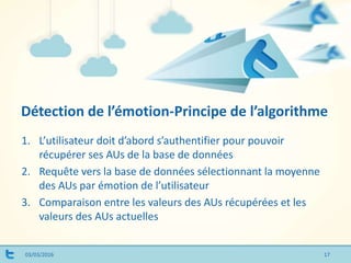 Détection de l’émotion-Principe de l’algorithme
03/03/2016
1. L’utilisateur doit d’abord s’authentifier pour pouvoir
récupérer ses AUs de la base de données
2. Requête vers la base de données sélectionnant la moyenne
des AUs par émotion de l’utilisateur
3. Comparaison entre les valeurs des AUs récupérées et les
valeurs des AUs actuelles
17
 