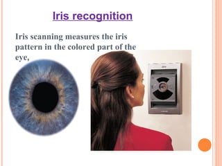 Iris recognition Iris scanning measures the iris pattern in the colored part of the eye , 