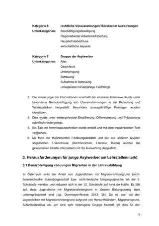 9
Kategorie 6: rechtliche Voraussetzungen/ Bürokratie/ Auswirkungen
Unterkategorien: Beschäftigungsbewilligung
Regionalbeirat/ Arbeitsmarktprüfung
Hauptschulabschluss
wirtschaftliche Aspekte
Kategorie 7: Gruppe der Asylwerber
Unterkategorien: Alter
Geschlecht
Unterbringung
Betreuung
Aufnahme in Betreuung
unbegleitete minderjährige Flüchtlinge
3. Die innere Logik der Informationen innerhalb der einzelnen Interviews wurde unter
besonderer Berücksichtigung von Übereinstimmungen in der Bedeutung und
Widersprüchen hergestellt. Besonders aussagekräftige Passagen wurden
identifiziert.
4. Dies wurde unter weitergehender Detaillierung, Differenzierung und Präzisierung
schriftlich niedergelegt.
5. Ein Text mit Interviewausschnitten wurde erstellt und mit dem transkribierten Text
verglichen.
6. Mit Hilfe der theoretischen Erklärungsansätze und der aus anderen Quellen
abgeleiteten Erkenntnisse (Rechtsnormen, Literatur, Daten) wurden die
gewonnenen Inhalte interpretiert und die Auswertung dargestellt.
3. Herausforderungen für junge Asylwerber am Lehrstellenmarkt
3.1 Benachteiligung von jungen Migranten in der Lehrausbildung
In Österreich sinkt der Anteil von Jugendlichen mit Migrationshintergrund (nicht-
österreichische Staatsbürgerschaft bzw. nicht-deutsche Umgangssprache) ab der 9.
Schulstufe merkbar und reduziert sich in der 12. Schulstufe auf rund die Hälfte. Es fällt
auf, dass Jugendliche mit Migrationshintergrund in diesem Bildungszweig stark
unterrepräsentiert sind (vgl. Dornmayer/Nowak 2013: 38). Da es sich bei den
Jugendlichen mit Migrationshintergrund aufgrund von Herkunftsländern, Migrationsgrund,
Aufenthaltsstatus etc. um eine sehr heterogene Gruppe handelt, gilt dies für den
 