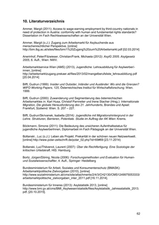 62
10. Literaturverzeichnis
Ammer, Margit (2011): Access to wage-earning employment by third-country nationals in
need of protection in Austria: conformity with human and fundamental rights standards?
Dissertation im Fach Rechtswissenschaften an der Universität Wien.
Ammer, Margit (o.J.): Zugang zum Arbeitsmarkt für Asylsuchende aus
menschenrechtlicher Perspektive, [online]
http://bim.lbg.ac.at/sites/files/bim/1%20Zugang%20zum%20Arbeitsmarkt.pdf [02.03.2014]
Anerinhof, Peter/Filzwieser, Christian/Frank, Michaela (2012): AsylG 2005. Asylgesetz
2005, 6. Aufl., Wien: NWV.
Arbeitsmarktservice Wien (AMS) (2013), Jugendliche: Lehrausbildung für Asylwerber/-
innen, [online]
http://arbeitsmarktzugang.prekaer.at/files/2013/02/mangelberufsliste_lehrausbildung.pdf
[20.04.2014]
Biffl, Gudrun (1999): Insider und Outsider, Inländer und Ausländer: Wo sind die Grenzen?
WIFO Working Papers, 125, Österreichisches Institut für Wirtschaftsforschung: Wien.
1999.
Biffl, Gudrun (2000): Zuwanderung und Segmentierung des österreichischen
Arbeitsmarktes in: Karl Husa, Christof Parnreiter und Irene Stacher (Hrsg.): Internationale
Migration, Die globale Herausforderung des 21. Jahrhunderts, Brandes und Apsel:
Frankfurt, Südwind: Wien. S. 207 – 227.
Biffl, Gudrun/Skrivanek, Isabella (2014): Jugendliche mit Migrationshintergrund in der
Lehre. Strukturen, Barrieren, Potentiale. Studie im Auftrag der AK Wien: Krems.
Böckmann, Simone (2011): Die Bedeutung des unsicheren Aufenthaltsstatus für
jugendliche AsylwerberInnen, Diplomarbeit im Fach Pädagogik an der Universität Wien.
Boltanski , Luc (o.J.): Leben als Projekt. Prekarität in der schönen neuen Netzwerkwelt.
[online] http://www.polar-zeitschrift.de/polar_02.php?id=69#69 [23.11.2014)
Boltanski, Luc/Thévenot, Laurent (2007): Über die Rechtfertigung. Eine Soziologie der
kritischen Urteilskraft. HIS: Hamburg.
Bortz, Jürgen/Döring, Nicola (2006): Forschungsmethoden und Evaluation für Human-
und Sozialwissenschaftler, 4. Aufl., Springer: Heidelberg
Bundesministerium für Arbeit, Soziales und Konsumentenschutz (BMASK):
Arbeitsmarktpolitische Zielvorgaben (2010), [online]
http://www.sozialministerium.at/cms/site/attachments/2/4/3/CH2130/CMS1249975053333/
arbeitsmarktpolitische_zielvorgaben_inter_2011.pdf [16.11.2014].
Bundesministerium für Inneres (2013): Asylstatistik 2013, [online]
http://www.bmi.gv.at/cms/BMI_Asylwesen/statistik/files/Asylstatistik_Jahresstatistik_2013.
pdf, [20.10.2015].
 