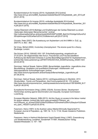 63
Bundesministerium für Inneres (2014): Asylstatistik 2012 [online]
http://www.bmi.gv.at/cms/BMI_Asylwesen/statistik/files/2013/Asylstatistik_Jahr_2012.pdf
[20.01.2015].
Bundesministerium für Inneres (2015): vorläufige Asylstatistik 2014 [online]
http://www.bmi.gv.at/cms/BMI_Asylwesen/statistik/files/2014/Asylstatistik_November_201
4.pdf [20.01.2015].
Caritas Österreich (2014):Beiträge und Empfehlungen der Caritas Österreich zu einem
„Nationalen Aktionsplan Menschenrechte“, [online]
http://volksanwaltschaft.gv.at/downloads/62ofh/NAP%20MR_Beitr%C3%A4ge%20und%2
0Empfehlungen%20Caritas%20%C3%96sterreich.pdf [25.01.2015]
Chvosta, Peter (2007): Die Ausweisung von Asylwerbern und Art 8 MRK in: ÖJZ, Jg.
2007/74, S. 852 – 862.
De Vroey, Michel (2004): Involuntary Unemployment. The elusive quest for a theory,
Routledge: London.
Die Grünen (2014): 326/A(E) XXV. GP, Entschließungsantrag, eingebracht am
27.03.2014, der Abgeordneten Alev Korun, Freundinnen und Freunde betreffend
Aufhebung des Bartenstein-Erlasses in punkto Beschäftigungsverbot für AsylwerberInnen,
[online] http://www.parlament.gv.at/PAKT/VHG/XXV/A/A_00326/fnameorig_344261.html
[24.04.2014]
Dornmayr, Helmut/ Nowak, Sabine (2006): Benachteiligte Jugendliche. Jugendliche ohne
Berufsbildung. Qualitative und quantitative Erhebungen. Arbeitsmarkt- und
bildungspolitische Schlussfolgerungen, [online]
http://www.forschungsnetzwerk.at/downloadpub/Benachteiligte_Jugendliche.pdf
[01.06.2014]
Dornmayr, Helmut/ Nowak, Sabine (2013): Lehrlingsausbildung im Überblick, 2013.
Strukturdaten, Trends und Perspektiven, ibw-Forschungsbericht Nr. 176, [online]
http://www.ibw.at/components/com_redshop/assets/document/product/1381904499_fb17
6.pdf [01.06.2014]
Europäische Kommission (Hrsg.) (2005): EQUAL Success Stories. Development
Partnerships working against discrimination and inequality, European Commission:
Luxemburg.
European Migration Network, EMN (2013): Ad-Hoc Query on access to the labour market
for asylum seekers, [online] http://emn.ypes.gr/media/21754/emn_ad-
hoc%20query_at_access%20to%20the%20labour%20market%20for%20asylum%20seek
ers_open_14022013.pdf [02.03.2014]
Fassmann, Heinz (1997): Is the Austrian Labour Market Ethnically Segmented? In:
European Journal of Population, Jg. 1997, Nr. 13, S. 17-32. Kluwer Academic Publishers.
Niederlande.
Fassmann, Heinz in Hartmut Häußermann/ Ingrid Oswald (Hrsg.) (1997): Zuwanderung
und Stadtentwicklung, Leviathan, Sonderheft 17/1997, Westdeutscher Verlag:
Opladen/Wiesbaden. S. 157 - 169
 