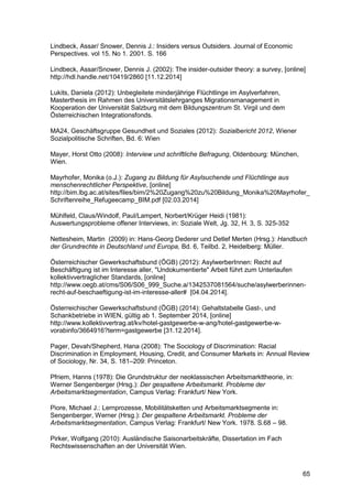 65
Lindbeck, Assar/ Snower, Dennis J.: Insiders versus Outsiders. Journal of Economic
Perspectives. vol 15. No 1. 2001. S. 166
Lindbeck, Assar/Snower, Dennis J. (2002): The insider-outsider theory: a survey, [online]
http://hdl.handle.net/10419/2860 [11.12.2014]
Lukits, Daniela (2012): Unbegleitete minderjährige Flüchtlinge im Asylverfahren,
Masterthesis im Rahmen des Universitätslehrganges Migrationsmanagement in
Kooperation der Universität Salzburg mit dem Bildungszentrum St. Virgil und dem
Österreichischen Integrationsfonds.
MA24, Geschäftsgruppe Gesundheit und Soziales (2012): Sozialbericht 2012, Wiener
Sozialpolitische Schriften, Bd. 6: Wien
Mayer, Horst Otto (2008): Interview und schriftliche Befragung, Oldenbourg: München,
Wien.
Mayrhofer, Monika (o.J.): Zugang zu Bildung für Asylsuchende und Flüchtlinge aus
menschenrechtlicher Perspektive, [online]
http://bim.lbg.ac.at/sites/files/bim/2%20Zugang%20zu%20Bildung_Monika%20Mayrhofer_
Schriftenreihe_Refugeecamp_BIM.pdf [02.03.2014]
Mühlfeld, Claus/Windolf, Paul/Lampert, Norbert/Krüger Heidi (1981):
Auswertungsprobleme offener Interviews, in: Soziale Welt, Jg. 32, H. 3, S. 325-352
Nettesheim, Martin (2009) in: Hans-Georg Dederer und Detlef Merten (Hrsg.): Handbuch
der Grundrechte in Deutschland und Europa, Bd. 6, Teilbd. 2, Heidelberg: Müller.
Österreichischer Gewerkschaftsbund (ÖGB) (2012): AsylwerberInnen: Recht auf
Beschäftigung ist im Interesse aller, "Undokumentierte" Arbeit führt zum Unterlaufen
kollektivvertraglicher Standards, [online]
http://www.oegb.at/cms/S06/S06_999_Suche.a/1342537081564/suche/asylwerberinnen-
recht-auf-beschaeftigung-ist-im-interesse-aller# [04.04.2014].
Österreichischer Gewerkschaftsbund (ÖGB) (2014): Gehaltstabelle Gast-, und
Schankbetriebe in WIEN, gültig ab 1. September 2014, [online]
http://www.kollektivvertrag.at/kv/hotel-gastgewerbe-w-ang/hotel-gastgewerbe-w-
vorabinfo/3664916?term=gastgewerbe [31.12.2014].
Pager, Devah/Shepherd, Hana (2008): The Sociology of Discrimination: Racial
Discrimination in Employment, Housing, Credit, and Consumer Markets in: Annual Review
of Sociology, Nr. 34, S. 181–209: Princeton.
Pfriem, Hanns (1978): Die Grundstruktur der neoklassischen Arbeitsmarkttheorie, in:
Werner Sengenberger (Hrsg.): Der gespaltene Arbeitsmarkt. Probleme der
Arbeitsmarktsegmentation, Campus Verlag: Frankfurt/ New York.
Piore, Michael J.: Lernprozesse, Mobilitätsketten und Arbeitsmarktsegmente in:
Sengenberger, Werner (Hrsg.): Der gespaltene Arbeitsmarkt. Probleme der
Arbeitsmarktsegmentation, Campus Verlag: Frankfurt/ New York. 1978. S.68 – 98.
Pirker, Wolfgang (2010): Ausländische Saisonarbeitskräfte, Dissertation im Fach
Rechtswissenschaften an der Universität Wien.
 
