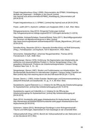 66
Projekt Integrationshaus (Hrsg.) (2006): Dokumentation der EPIMA 2 Arbeitstagung,
Modelle der Gegenwart – Strategien in die Zukunft, [online]
http://epima2.wuk.at/documentation/EPIMA2_Arbeitstagung_Dokumentation.pdf
[04.04.2014]
Projekt Integrationshaus (o.J.): EPIMA 2, [online] http://epima2.wuk.at/ [04.04.2014].
Putzer, Judith (2011): Asylrecht. Leitfaden zum Asylgesetz 2005, 2. Aufl., Wien: Manz.
Refugeecampvienna, blog (2012): Dringende Forderungen [online]
http://refugeecampvienna.noblogs.org/post/2012/11/25/urgent-demands/ [1.4.2014].
Riesenfelder, Andreas/Schelepa, Susanne/Wetzel, Petra (2011): Beschäftigungssituation
von Personen mit Migrationshintergrund in Wien, [online]
http://www.forschungsnetzwerk.at/downloadpub/lr2011Studie_MigrantInnen_2012.pdf [
20.04.2014]
Schrefler-König, Alexandra (2014) in: Alexandra Schrefler-König und Wolf Schimansky
(Hrsg.), Fremdenpolizei- und Asylrecht, Teil IV Abschnitt A1, Wien: Manz.
Schumacher, Sebastian/Peyrl, Johannes/ Neugschwendtner, Thomas (2012):
Fremdenrecht, 4. Aufl., ÖGB: Wien
Sengenberger, Werner (1978): Einführung: Die Segmentation des Arbeitsmarkts als
politisches und wissenschaftliches Problem in: Werner Sengenberger (Hrsg.): Der
gespaltene Arbeitsmarkt. Probleme der Arbeitsmarktsegmentation. Campus Verlag:
Frankfurt/ New York. S. 15 – 42.
Sengenberger, Werner (1987): Struktur und Funktionsweise von Arbeitsmärkten. Die
Bundesrepublik Deutschland im internationalen Vergleich, Campus Verlag: Frankfurt am
Main [online] http://nbn-resolving.de/urn:nbn:de:0168-ssoar-68120 [24.11.2014]
Snower, Dennis J. (1993): Insider-Outsider- Beziehungen und Einkommensverteilung in:
Zeitschrift Wirtschaft und Gesellschaft, 19. Jg., H. 4, AK Wien: Wien.
Sozialistische Jugend Österreich (o.J.): Initiative für die Öffnung des Arbeitsmarktzugangs
für AsylwerberInnen, [online] http://arbeitsmarktzugang.at/ [02.10.2014]
Sozialistische Jugend und Volkshilfe (o.J.): Initiative für die Öffnung des
Arbeitsmarktzugangs für AsylwerberInnen, [online] http://arbeitsmarktzugang.at/
[04.04.2014].
Sterk (2014): Hundstorfer strikt gegen Arbeitserlaubnis für Asylsuchende, [online]
http://derstandard.at/2000004792030/Hundstorfer-strikt-gegen-Arbeitserlaubnis-fuer-
Asylsuchende [02.09.2014]
Suhsmann, Valerie (2012): Minderjährige Flüchtlinge in einer Wohngemeinschaft -
Träume und Hoffnungen, Diplomarbeit im Fach Soziologie an der Universität Wien.
Volksanwaltschaft (Hrsg.) (2014): Bericht der Volksanwaltschaft an den Nationalrat und
an den Bundesrat 2013, Wien.
 