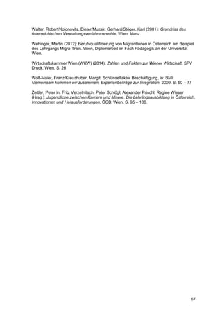 67
Walter, Robert/Kolonovits, Dieter/Muzak, Gerhard/Stöger, Karl (2001): Grundriss des
österreichischen Verwaltungsverfahrensrechts, Wien: Manz.
Wehinger, Martin (2012): Berufsqualifizierung von MigrantInnen in Österreich am Beispiel
des Lehrgangs Migra-Train. Wien, Diplomarbeit im Fach Pädagogik an der Universität
Wien.
Wirtschaftskammer Wien (WKW) (2014): Zahlen und Fakten zur Wiener Wirtschaft, SPV
Druck: Wien. S. 26
Wolf-Maier, Franz/Kreuzhuber, Margit: Schlüsselfaktor Beschäftigung, in: BMI:
Gemeinsam kommen wir zusammen, Expertenbeiträge zur Integration, 2009. S. 50 – 77
Zeitler, Peter in: Fritz Verzetnitsch, Peter Schlögl, Alexander Prischl, Regine Wieser
(Hrsg.): Jugendliche zwischen Karriere und Misere. Die Lehrlingsausbildung in Österreich,
Innovationen und Herausforderungen, ÖGB: Wien, S. 95 – 106.
 