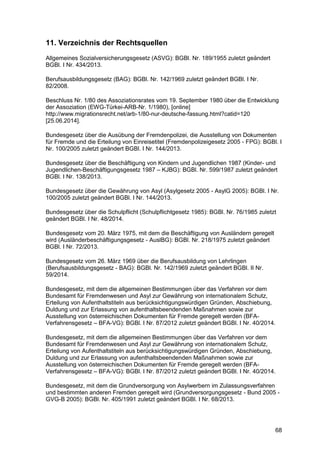 68
11. Verzeichnis der Rechtsquellen
Allgemeines Sozialversicherungsgesetz (ASVG): BGBl. Nr. 189/1955 zuletzt geändert
BGBl. I Nr. 434/2013.
Berufsausbildungsgesetz (BAG): BGBl. Nr. 142/1969 zuletzt geändert BGBl. I Nr.
82/2008.
Beschluss Nr. 1/80 des Assoziationsrates vom 19. September 1980 über die Entwicklung
der Assoziation (EWG-Türkei-ARB-Nr. 1/1980), [online]
http://www.migrationsrecht.net/arb-1/80-nur-deutsche-fassung.html?catid=120
[25.06.2014].
Bundesgesetz über die Ausübung der Fremdenpolizei, die Ausstellung von Dokumenten
für Fremde und die Erteilung von Einreisetitel (Fremdenpolizeigesetz 2005 - FPG): BGBl. I
Nr. 100/2005 zuletzt geändert BGBl. I Nr. 144/2013.
Bundesgesetz über die Beschäftigung von Kindern und Jugendlichen 1987 (Kinder- und
Jugendlichen-Beschäftigungsgesetz 1987 – KJBG): BGBl. Nr. 599/1987 zuletzt geändert
BGBl. I Nr. 138/2013.
Bundesgesetz über die Gewährung von Asyl (Asylgesetz 2005 - AsylG 2005): BGBl. I Nr.
100/2005 zuletzt geändert BGBl. I Nr. 144/2013.
Bundesgesetz über die Schulpflicht (Schulpflichtgesetz 1985): BGBl. Nr. 76/1985 zuletzt
geändert BGBl. I Nr. 48/2014.
Bundesgesetz vom 20. März 1975, mit dem die Beschäftigung von Ausländern geregelt
wird (Ausländerbeschäftigungsgesetz - AuslBG): BGBl. Nr. 218/1975 zuletzt geändert
BGBl. I Nr. 72/2013.
Bundesgesetz vom 26. März 1969 über die Berufsausbildung von Lehrlingen
(Berufsausbildungsgesetz - BAG): BGBl. Nr. 142/1969 zuletzt geändert BGBl. II Nr.
59/2014.
Bundesgesetz, mit dem die allgemeinen Bestimmungen über das Verfahren vor dem
Bundesamt für Fremdenwesen und Asyl zur Gewährung von internationalem Schutz,
Erteilung von Aufenthaltstiteln aus berücksichtigungswürdigen Gründen, Abschiebung,
Duldung und zur Erlassung von aufenthaltsbeendenden Maßnahmen sowie zur
Ausstellung von österreichischen Dokumenten für Fremde geregelt werden (BFA-
Verfahrensgesetz – BFA-VG): BGBl. I Nr. 87/2012 zuletzt geändert BGBl. I Nr. 40/2014.
Bundesgesetz, mit dem die allgemeinen Bestimmungen über das Verfahren vor dem
Bundesamt für Fremdenwesen und Asyl zur Gewährung von internationalem Schutz,
Erteilung von Aufenthaltstiteln aus berücksichtigungswürdigen Gründen, Abschiebung,
Duldung und zur Erlassung von aufenthaltsbeendenden Maßnahmen sowie zur
Ausstellung von österreichischen Dokumenten für Fremde geregelt werden (BFA-
Verfahrensgesetz – BFA-VG): BGBl. I Nr. 87/2012 zuletzt geändert BGBl. I Nr. 40/2014.
Bundesgesetz, mit dem die Grundversorgung von Asylwerbern im Zulassungsverfahren
und bestimmten anderen Fremden geregelt wird (Grundversorgungsgesetz - Bund 2005 -
GVG-B 2005): BGBl. Nr. 405/1991 zuletzt geändert BGBl. I Nr. 68/2013.
 